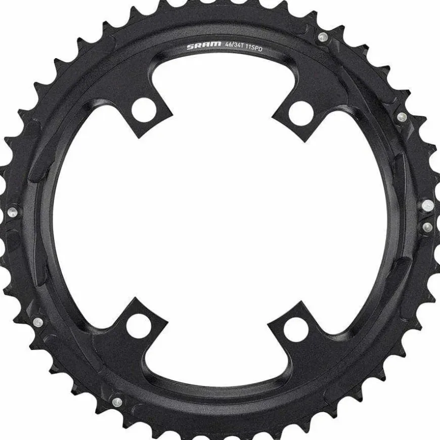 SRAM Road 110mm Asymmetrical Chainring Teeth: 46 Speed: 11 BCD: 110 Bolts: 4 Outer Aluminum Black