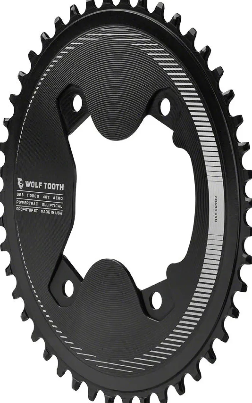 Wolf Tooth Elliptical Aero 110 Asymmetric BCD Chainring - 46t 110 Asymmetric BCD 4-Bolt Drop-Stop ST For Shimano GRX 800 Series BLK
